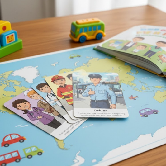 A fanned-out set of educational career flashcards on a light blue world map. The top card shows a smiling bus driver in uniform. Surrounding the cards are a toy bus, colorful building blocks, and an open children's book on a wooden table.