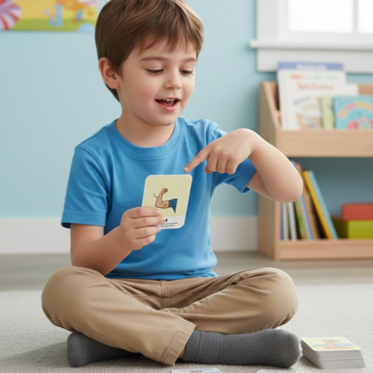 Child sitting on the floor pointing at a card with a colorful background