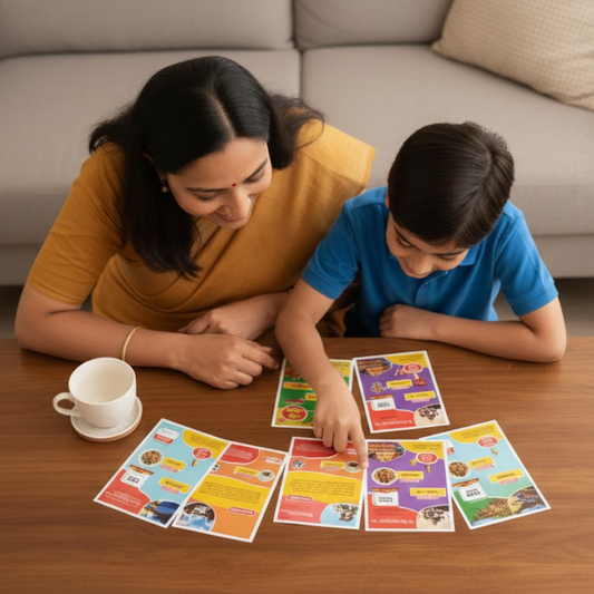 Woman and child playing with colorful cards on a wooden table in a living room.