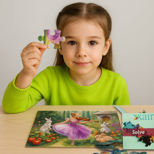 Child solving a colorful ballerina jigsaw puzzle by Xair, educational puzzle activity for kids that builds focus, problem-solving skills, and early learning development.