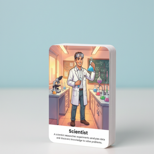 Card featuring an illustration of a scientist in a lab with text below.