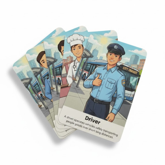 Set of playing cards with illustrations of different professions on a white background