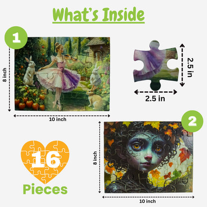 What's Inside puzzle set showing two 16-piece jigsaw puzzles for kids, including a 10 x 8 inch ballerina garden puzzle and a 10 x 8 inch fantasy girl puzzle, along with a sample 2.5 inch puzzle piece for size reference.