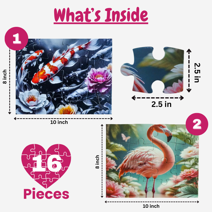 Puzzle packaging with images of koi fish and a flamingo, showing piece dimensions and quantity.