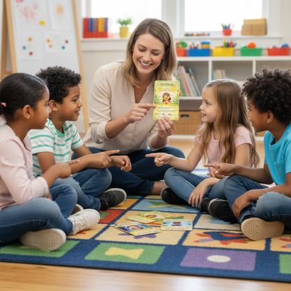 Teacher showing a book to children in a classroom setting