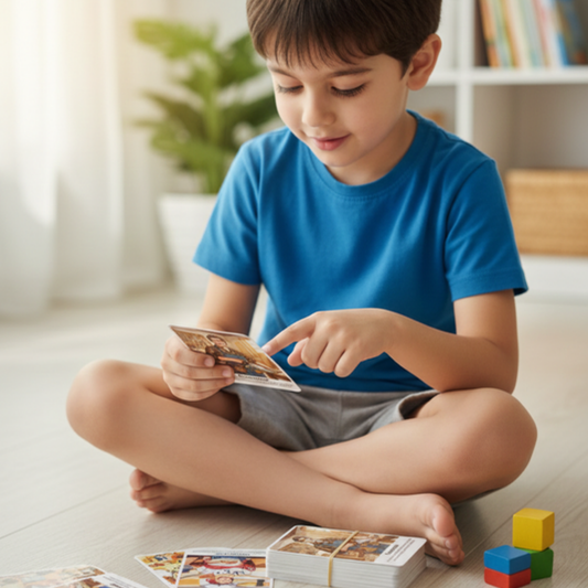 Child sitting on the floor playing with cards and blocks in a bright room.