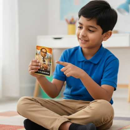 Child in a blue shirt holding and pointing at a card with a picture on it, sitting in a room.