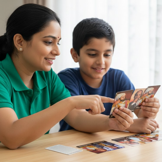 Woman and child playing a card game together at a table.