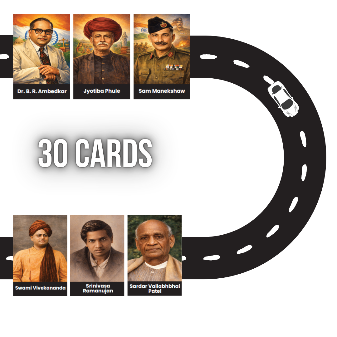 Promotional graphic for 30 cards featuring portraits of historical figures with a road and car illustration.