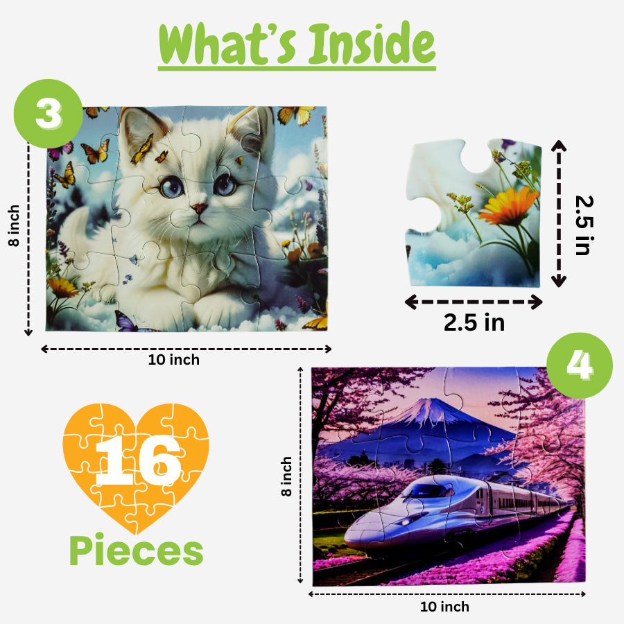 Jigsaw puzzle packaging with a cat, nature scene, and train design, showing piece dimensions and quantity.