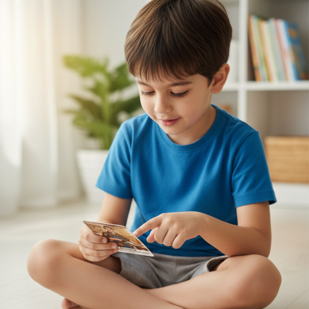 A young boy with dark hair sits cross-legged on a light-colored floor, wearing a blue t-shirt and grey shorts. He is looking down intently and pointing at a small educational flashcard he is holding in his hands. The background is a bright, soft-lit room featuring a white bookshelf with colorful books and a green potted plant.