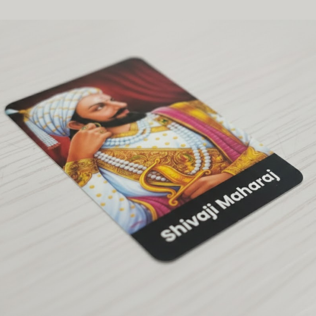 Card featuring a portrait of Shivaji Maharaj on a light gray surface
