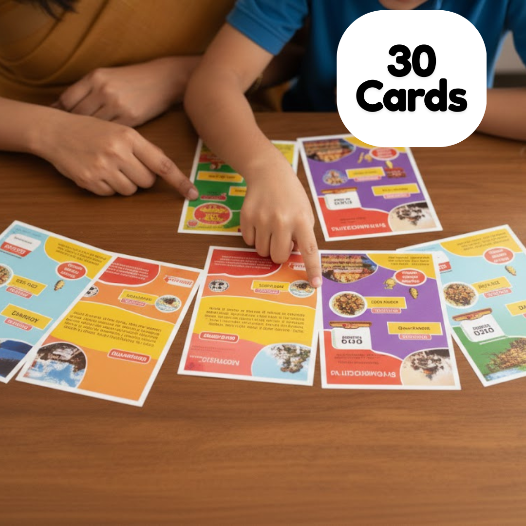 Children playing with colorful cards on a wooden table, with '30 Cards' text overlay.