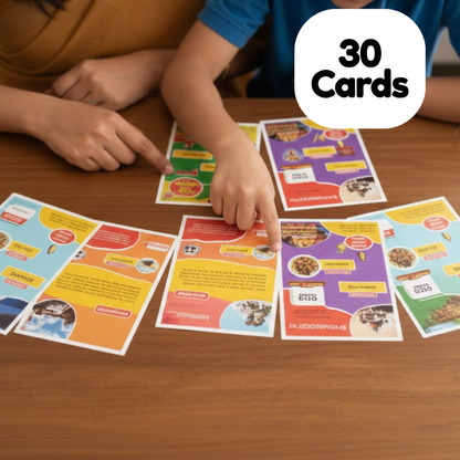 Children playing with colorful cards on a wooden table, with '30 Cards' text overlay.
