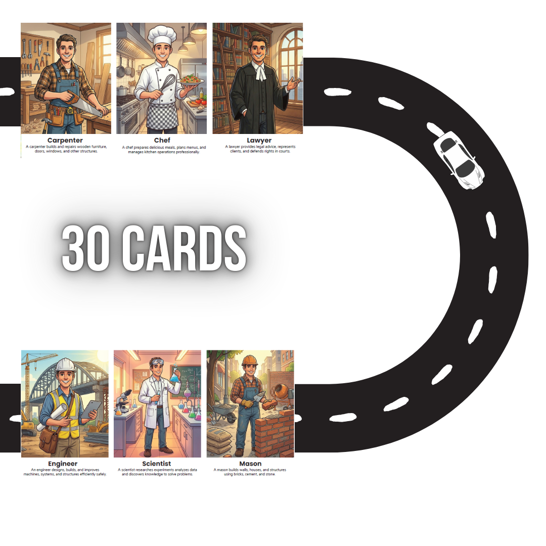 Card game packaging with illustrations of professions and a road track.
