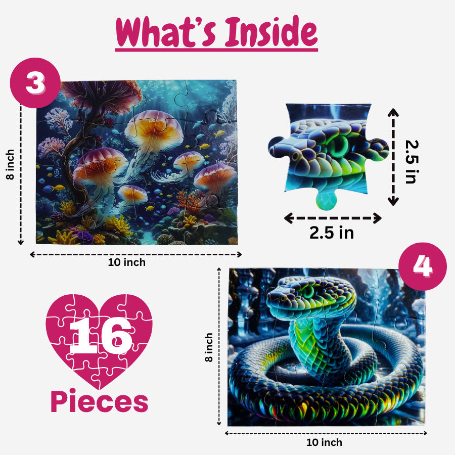 Jigsaw puzzle packaging with underwater scene design, dimensions, and piece count.