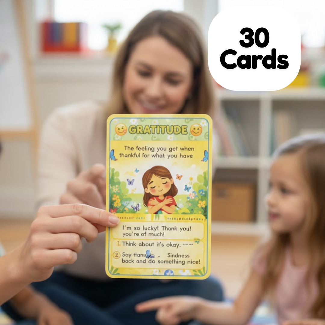 Woman and child holding a card with 'Gratitude' on it in a home setting.