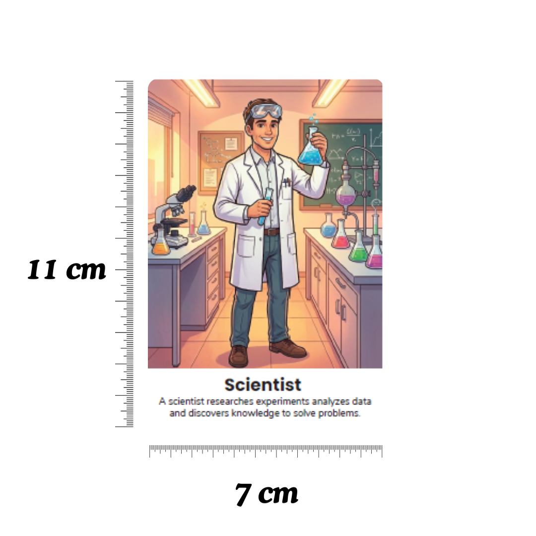 Illustration of a scientist in a lab with a ruler for scale on a white background