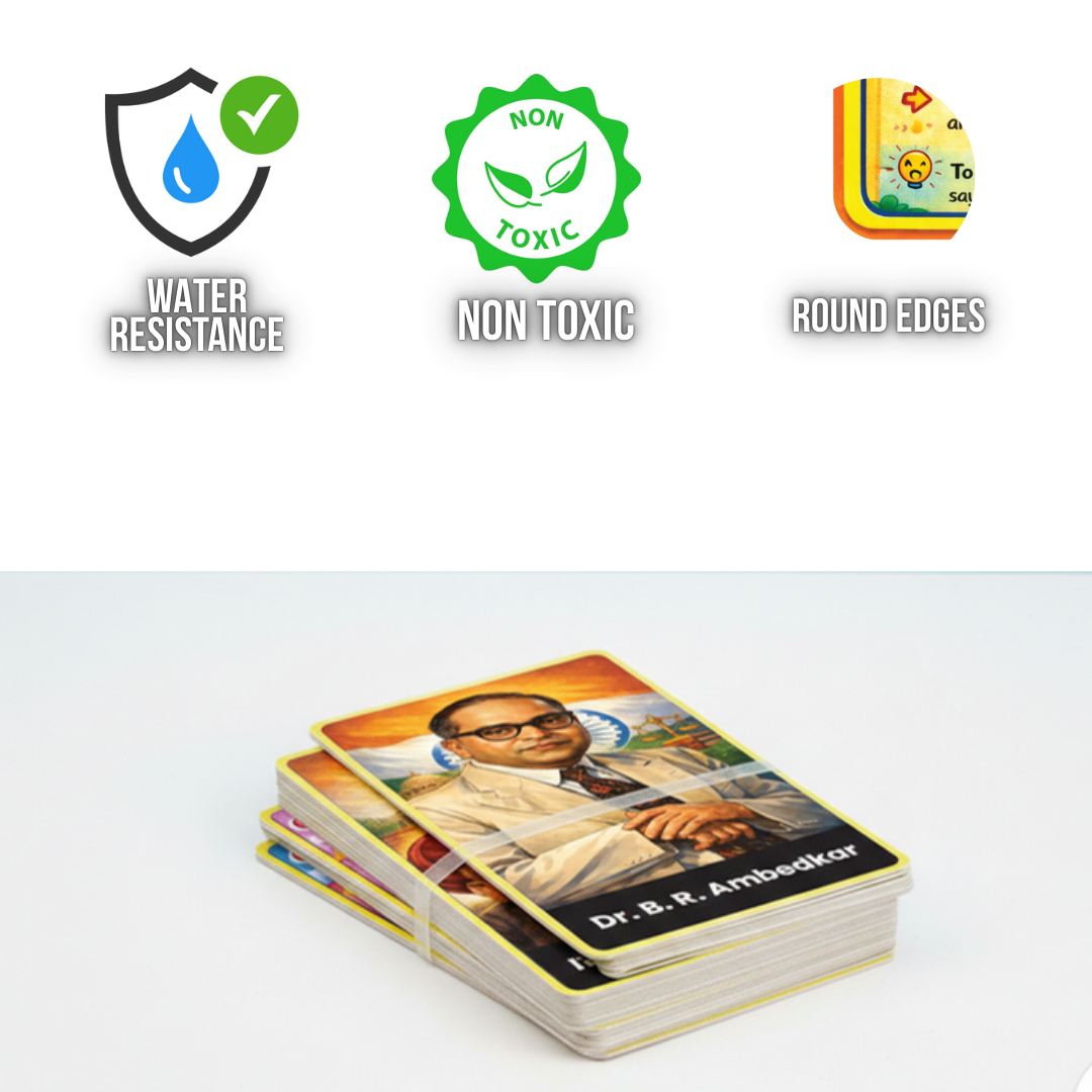 Stack of cards featuring a portrait with water resistance, non-toxic, and round edges icons above.