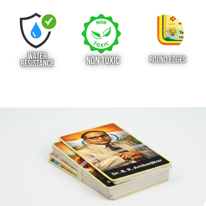 Stack of cards featuring a portrait with water resistance, non-toxic, and round edges icons above.