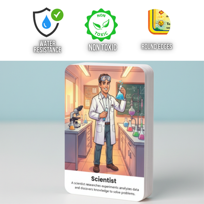Card with a scientist illustration and product features on a light blue background