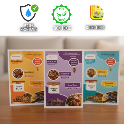 Three colorful boxes with food-themed designs on a wooden surface, featuring icons for water resistance, non-toxicity, and round edges.