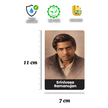 Notebook with a portrait of Srinivasa Ramanujan on a white background with product features displayed.
