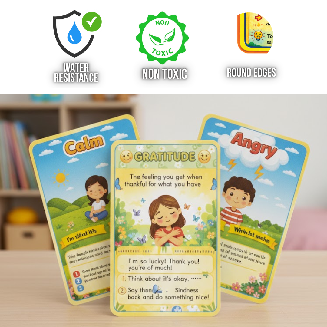 Educational cards for emotional intelligence with 'Calm', 'Gratitude', and 'Angry' labels on a wooden surface.