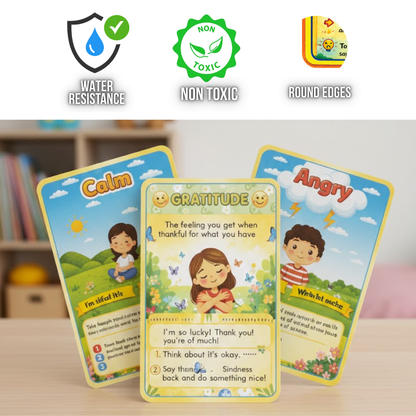 Educational cards for emotional intelligence with 'Calm', 'Gratitude', and 'Angry' labels on a wooden surface.