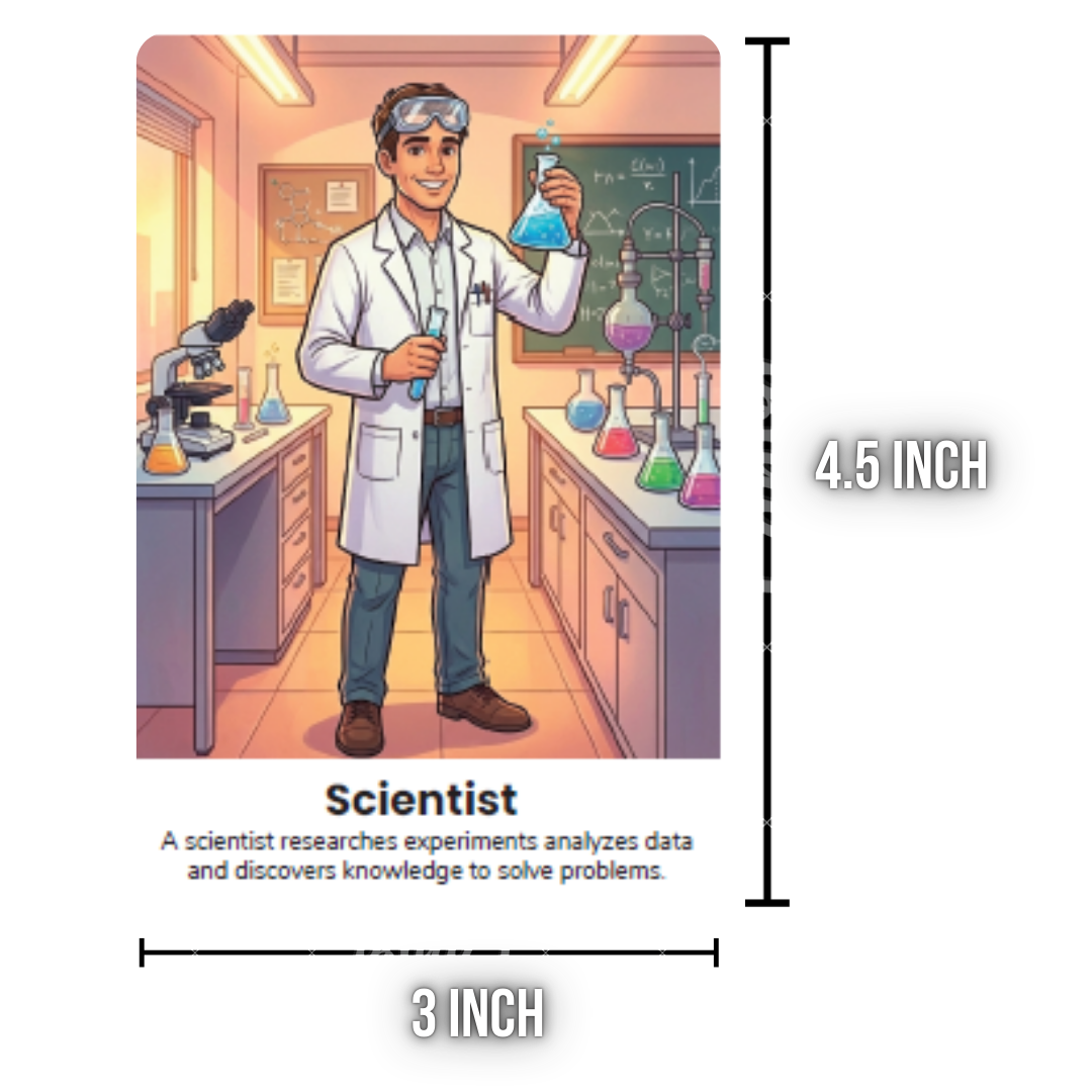 Illustration of a scientist in a lab with labeled dimensions