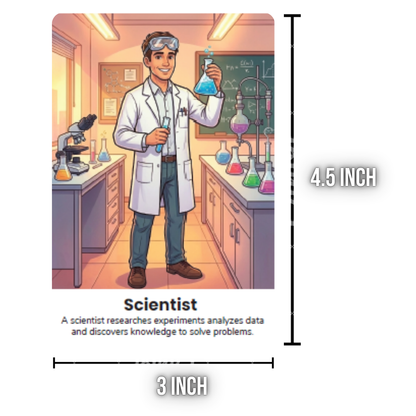 Illustration of a scientist in a lab with labeled dimensions