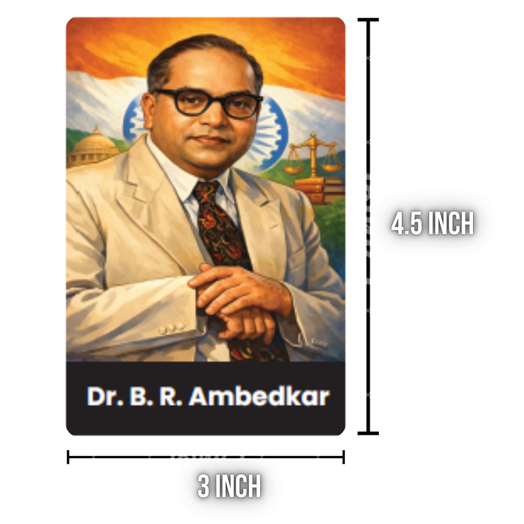 Portrait of Dr. B.R. Ambedkar with dimensions indicated on a white background