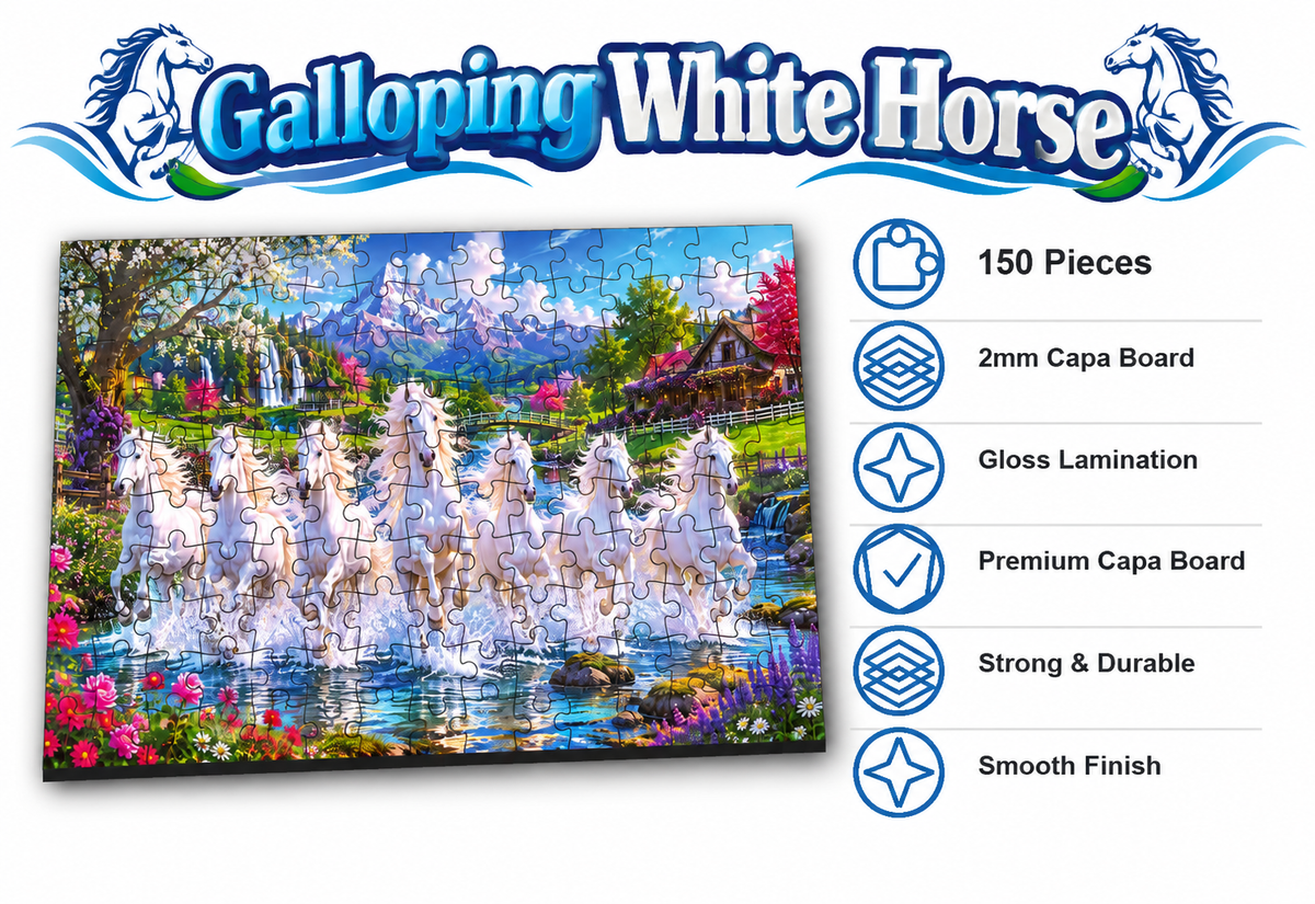 Galloping White Horse Jigsaw Puzzle for Kids – 150 & 300 Pieces