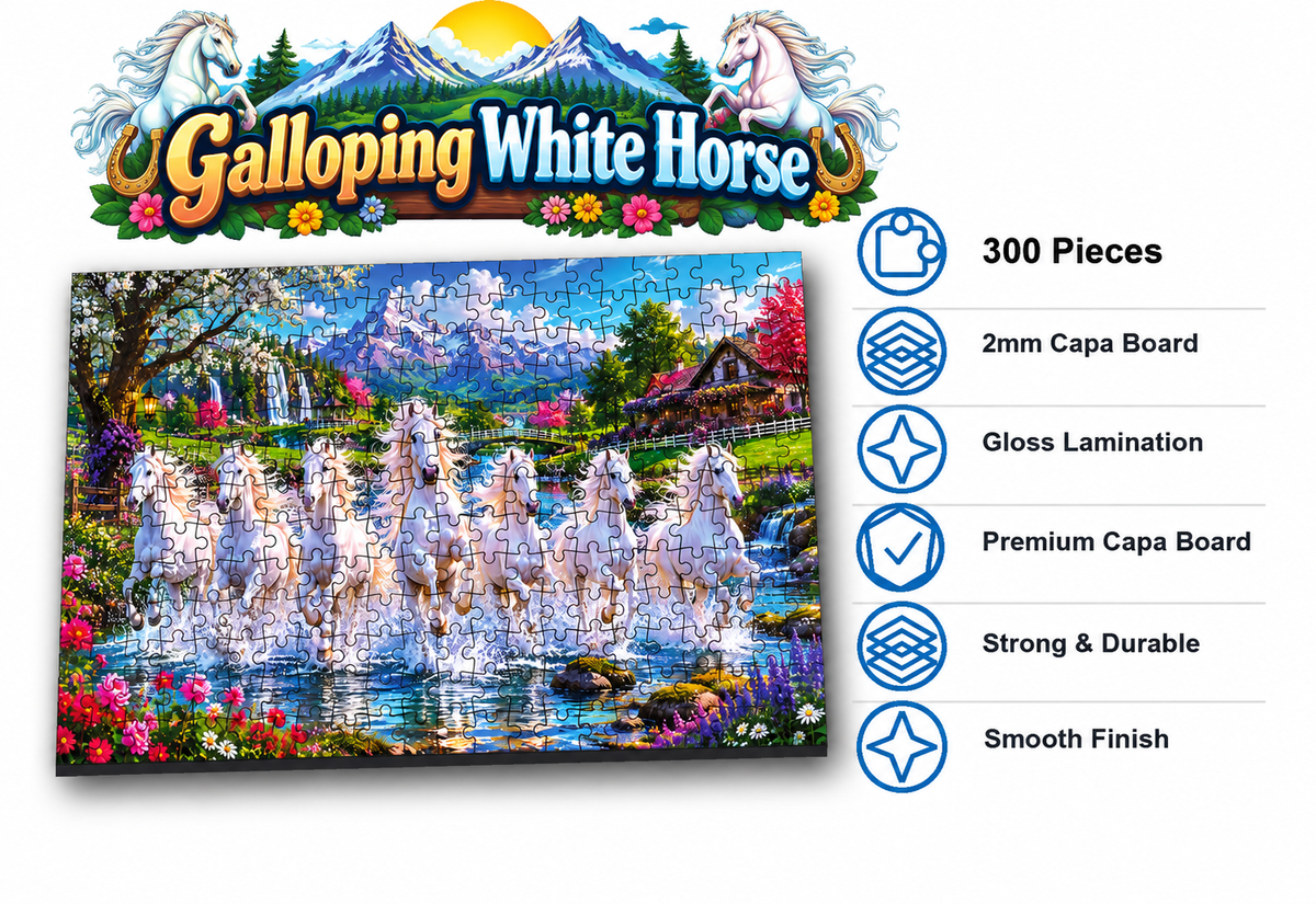 Galloping White Horse Jigsaw Puzzle for Kids – 150 & 300 Pieces