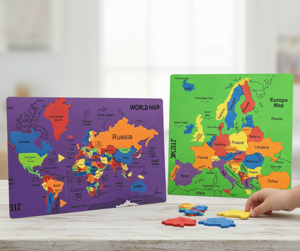 Colorful world and Europe maps with puzzle pieces on a wooden surface.