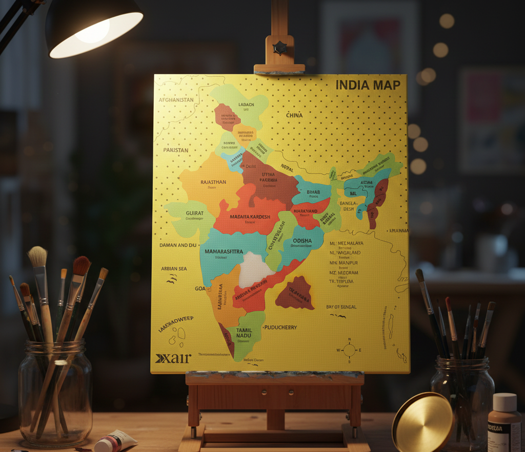 Colorful map of India on an easel with art supplies around