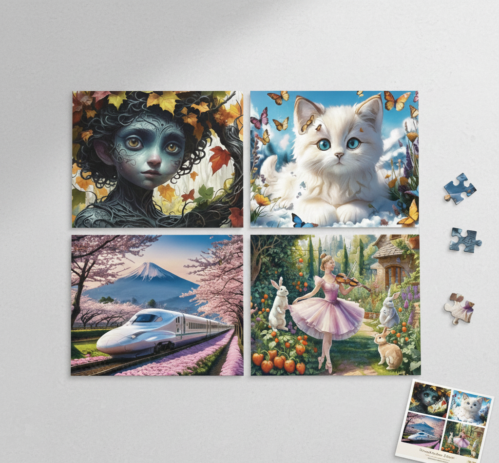 Four-piece puzzle with illustrated scenes on a white background