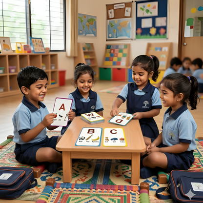 Children in a classroom with educational flashcards. xair 