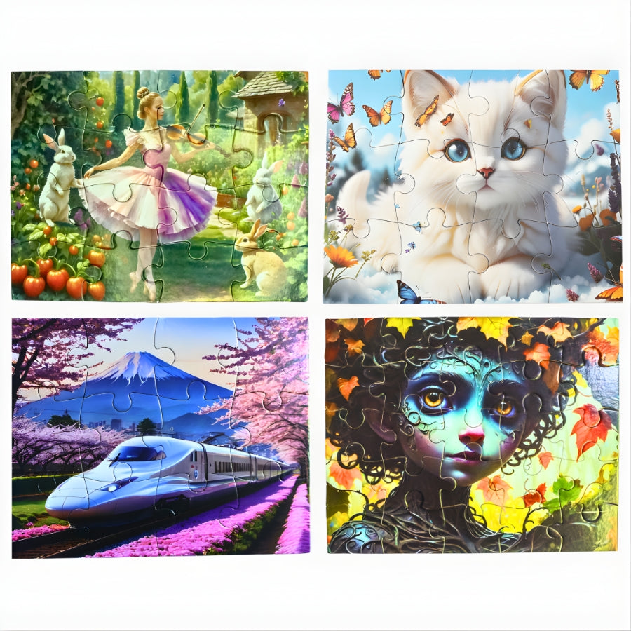 Set of four colorful jigsaw puzzles featuring a ballerina with rabbits, a white kitten surrounded by butterflies, a high-speed train passing cherry blossoms with Mount Fuji in the background, and a fantasy girl with glowing eyes and autumn leaves.