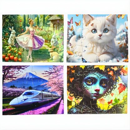 Set of four colorful jigsaw puzzles featuring a ballerina with rabbits, a white kitten surrounded by butterflies, a high-speed train passing cherry blossoms with Mount Fuji in the background, and a fantasy girl with glowing eyes and autumn leaves.