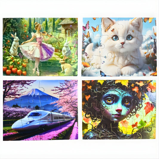 Set of four colorful jigsaw puzzles featuring a ballerina with rabbits, a white kitten surrounded by butterflies, a high-speed train passing cherry blossoms with Mount Fuji in the background, and a fantasy girl with glowing eyes and autumn leaves.