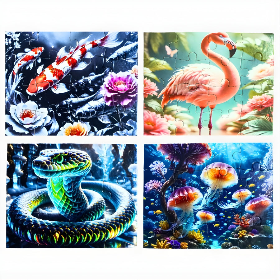 Set of four vibrant jigsaw puzzles for kids featuring koi fish with flowers, a pink flamingo in a garden, a colorful coiled snake, and an underwater scene with glowing jellyfish and coral.
