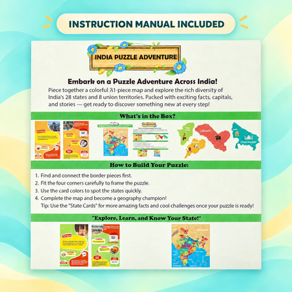 An instruction manual included for the India Puzzle Adventure, displayed as a colorful infographic with text, box contents, and step-by-step assembly instructions on a white background with pastel blue and yellow accents.