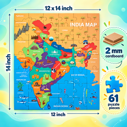 A colorful children's India map jigsaw puzzle shown on a pastel gradient background with size callouts reading 12 x 14 inch and 14 inch / 12 inch, plus callouts for 2 mm cardboard thickness and 61 puzzle pieces.