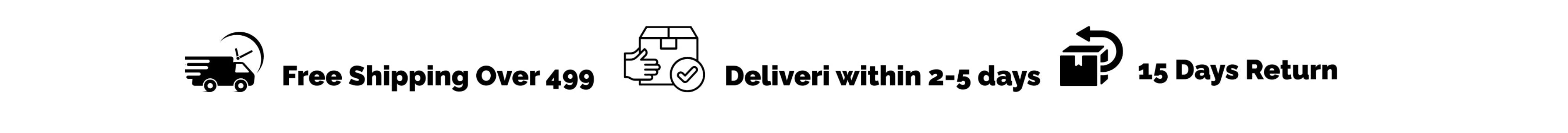 Promotional text for free shipping, delivery time, and return policy on a white background